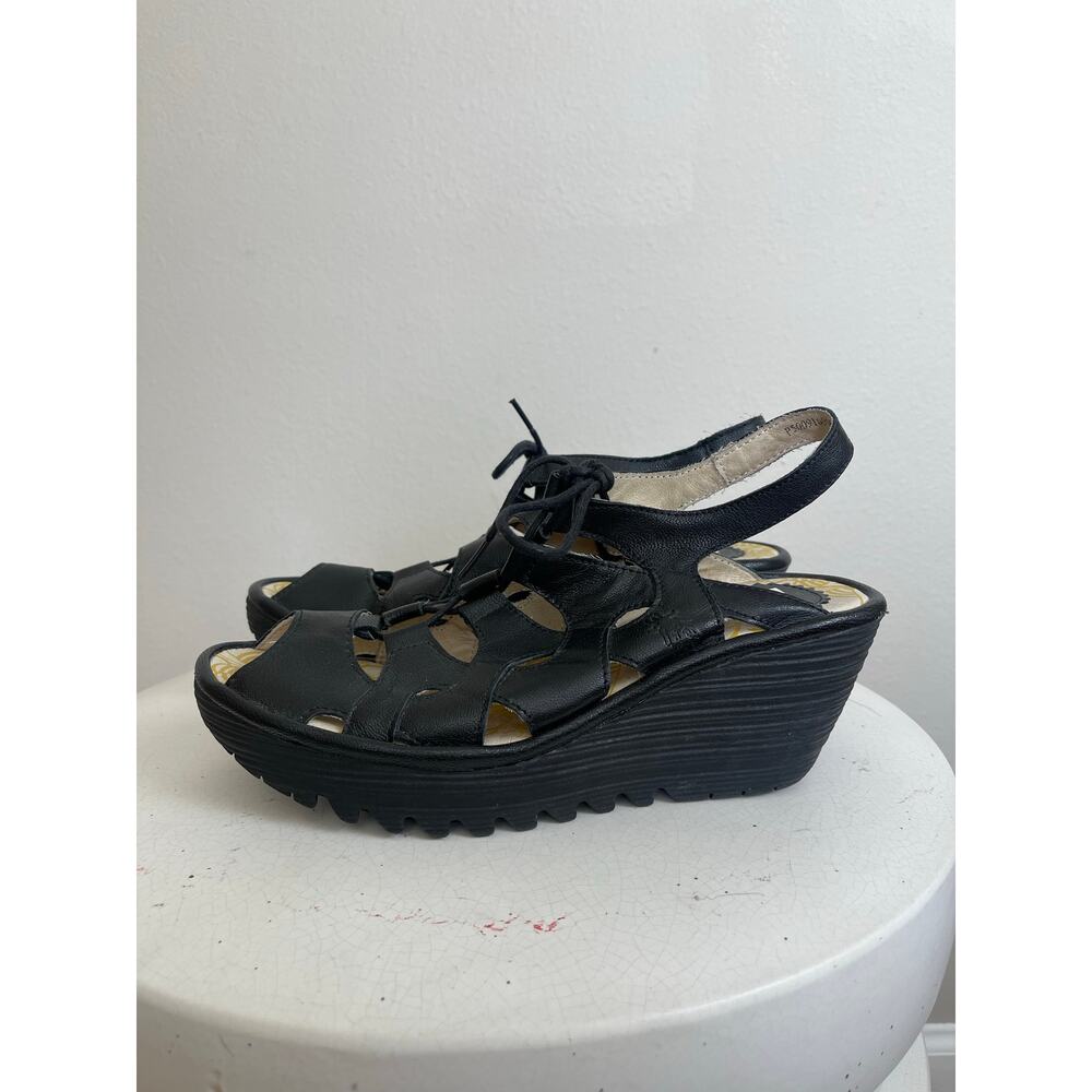 Fly London Black Leather Crisscross Wedge Sandals - Picture 8 of 10